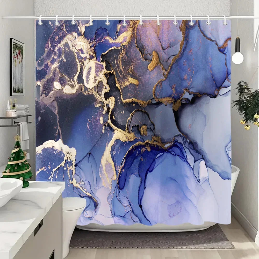 Luxury Blue Gold Marble Shower Curtain - Waterproof Polyester Bathroom Decor (Multiple Sizes)