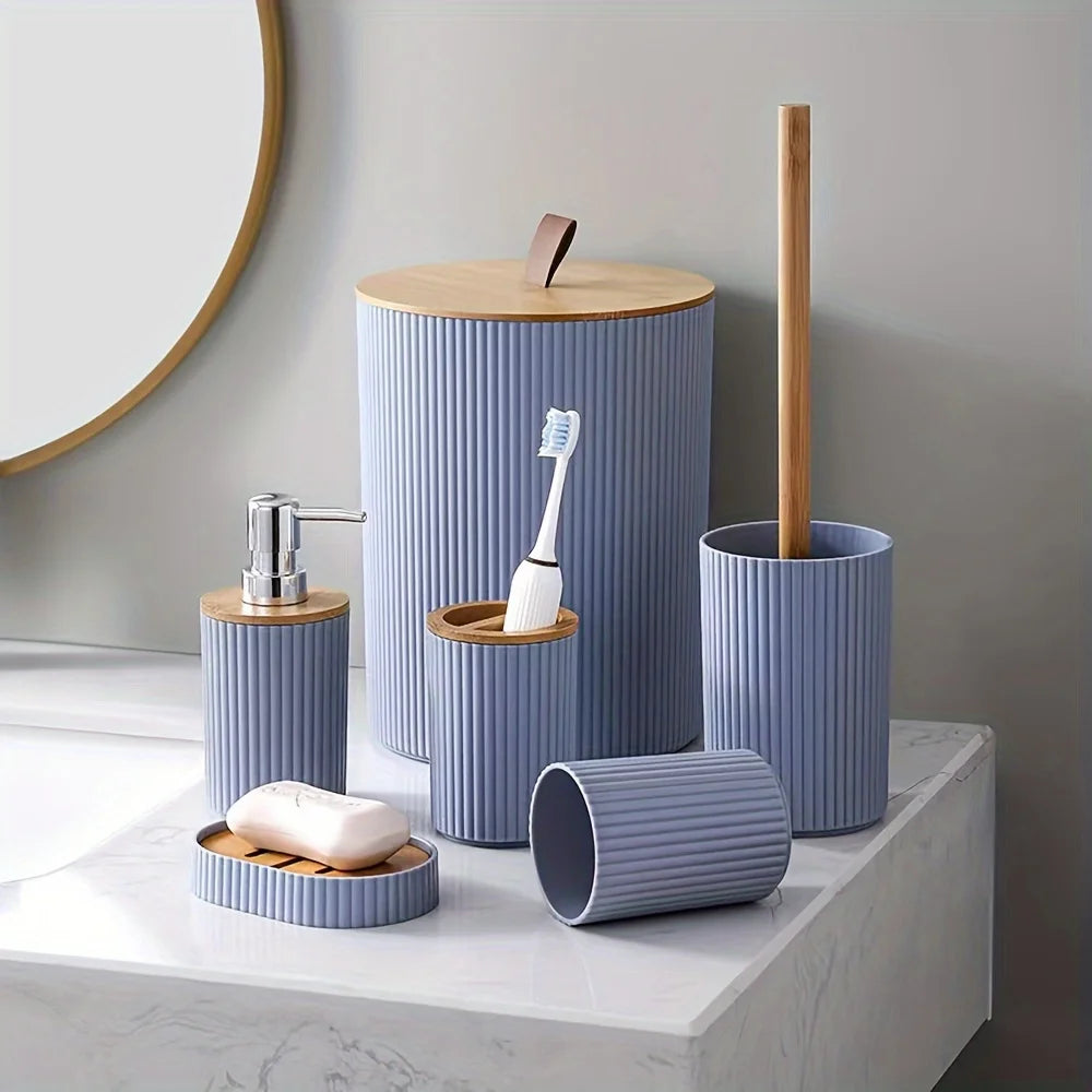 Modern Bathroom Essentials Set - 6-Piece Accessories Including Toothbrush Holder, Waste Bin & Soap Dispenser