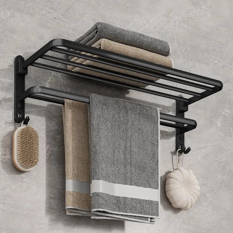 Matte Black Double Towel Rack with Folding Bars