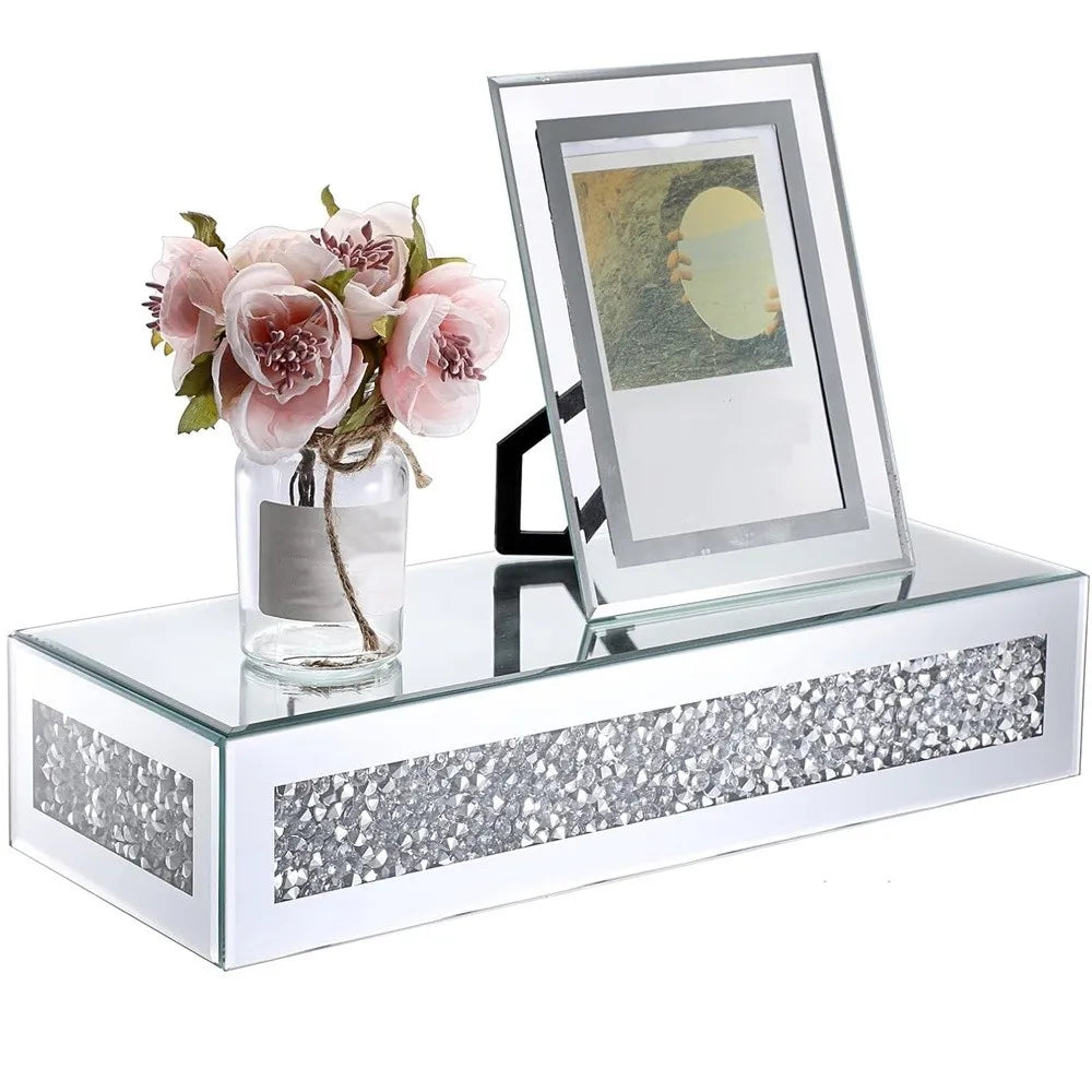 Luxury Mirrored Wall Shelf - Crushed Diamond Floating Display Rack (38x15cm)