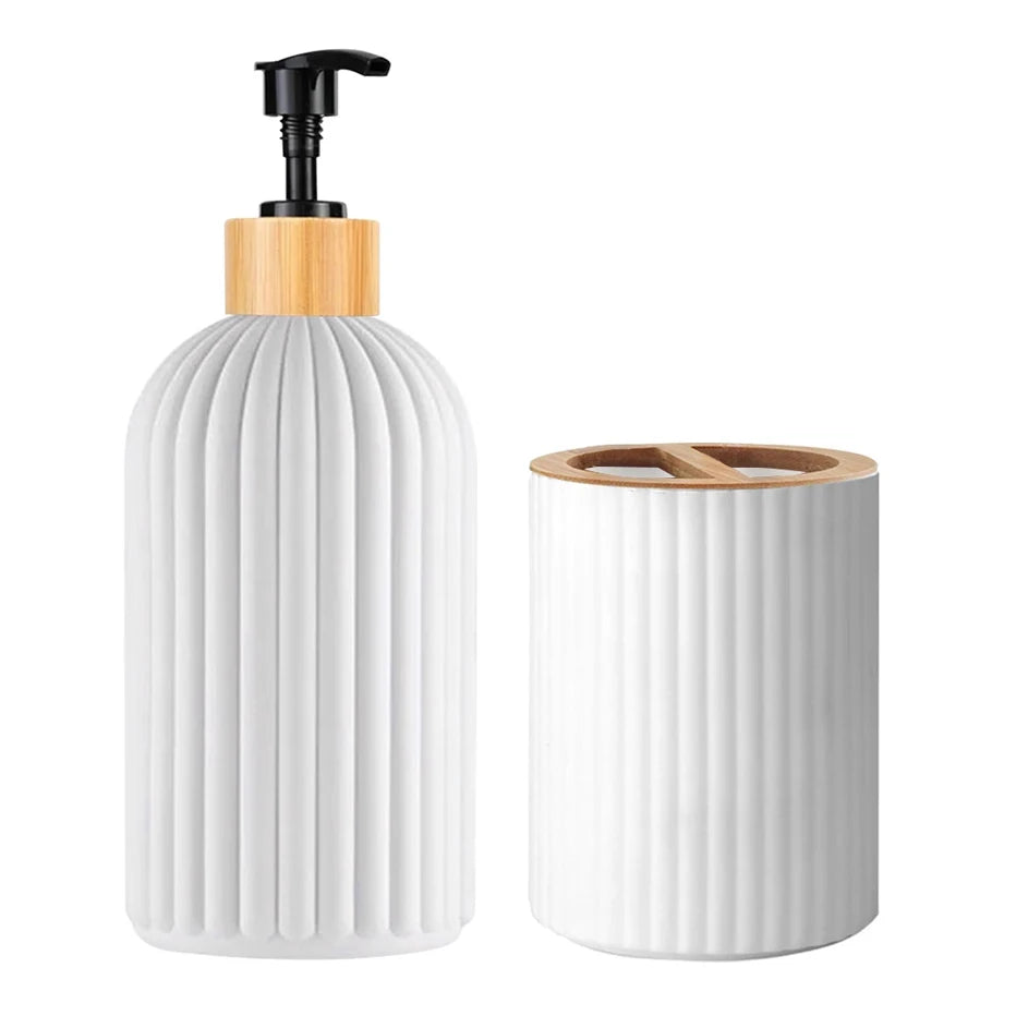 Bamboo Bathroom Organizer Set - Soap Dispenser, Storage & Toothbrush Holder