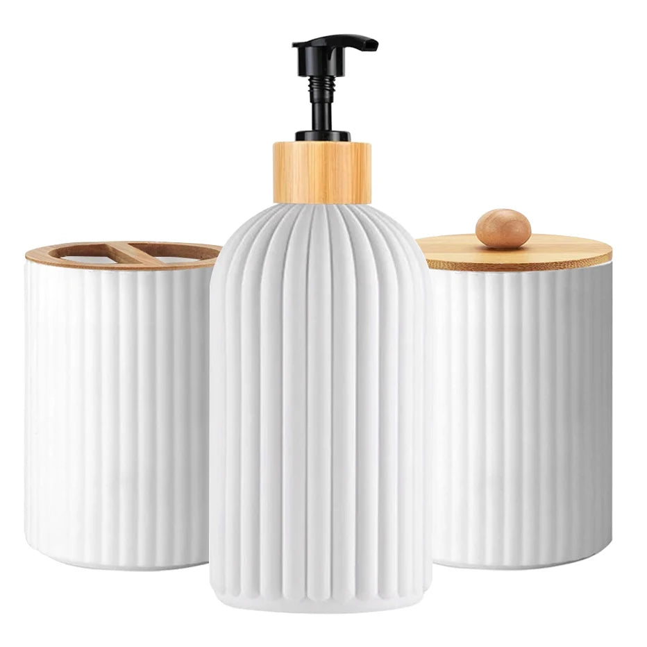 Bamboo Bathroom Organizer Set - Soap Dispenser, Storage & Toothbrush Holder