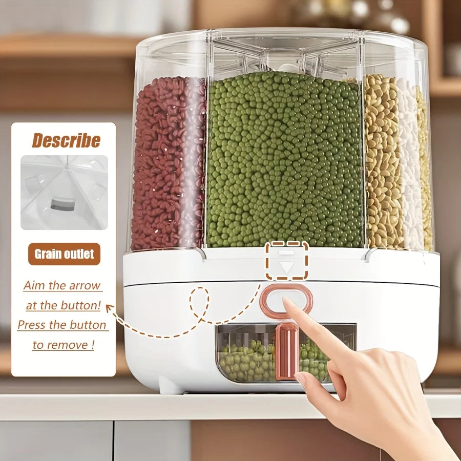 360° Rotating Grain Dispenser — 6-Compartment Airtight Food Storage Container for Rice, Beans & Pantry Staples