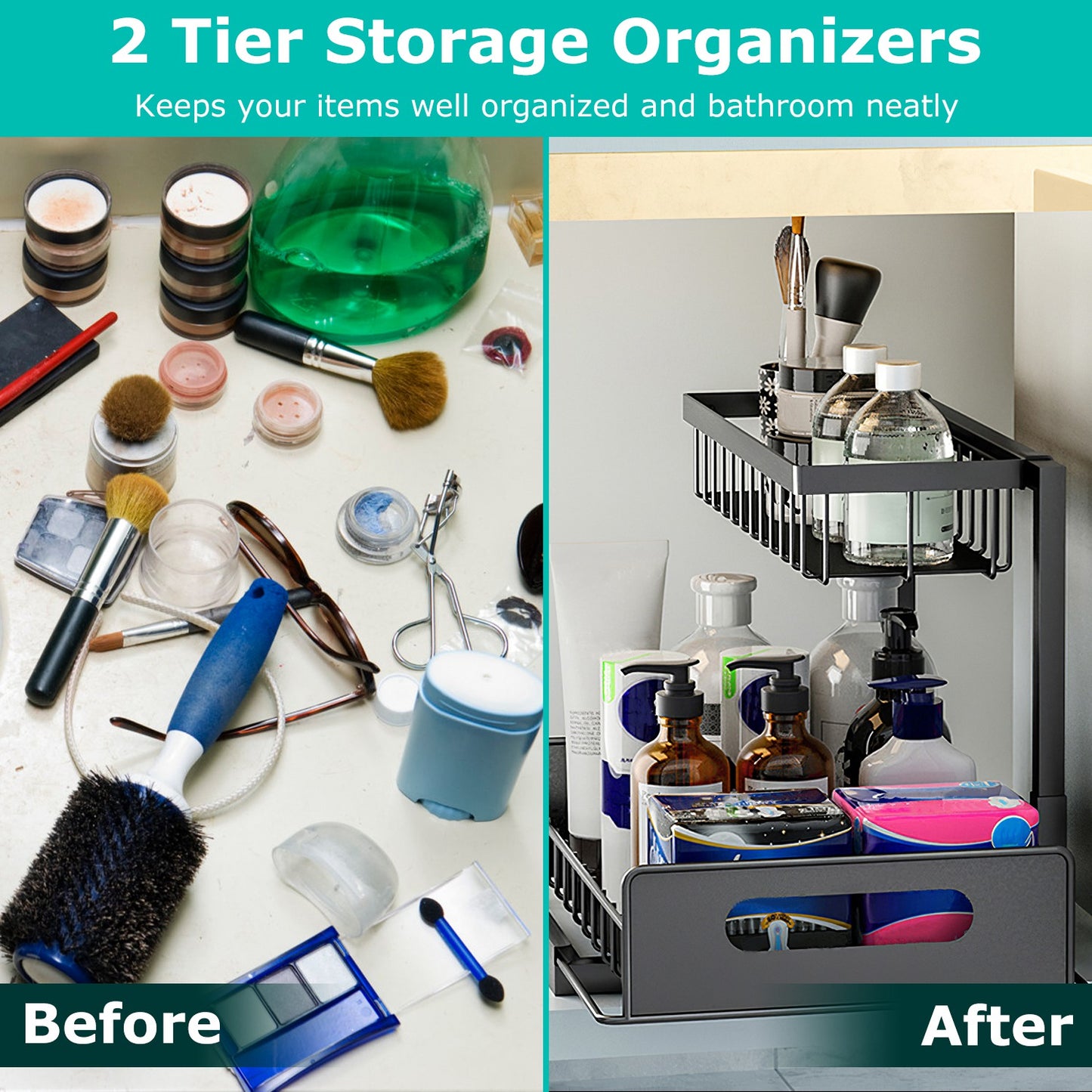 2 Tier Under Sink Organizer Pull Out Drawer Kitchen Cabinet Storage Rack Shelf