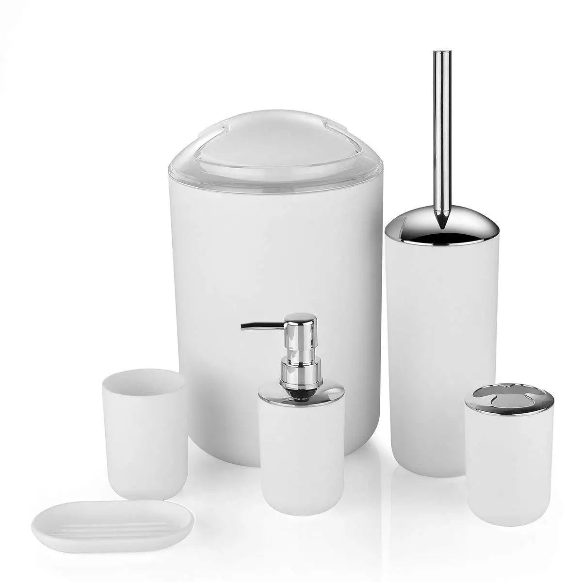 Modern Bathroom Essentials Set - 6-Piece Accessories Including Toothbrush Holder, Waste Bin & Soap Dispenser