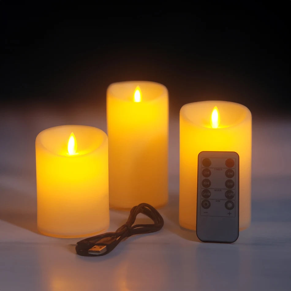 USB Rechargeable LED Candles 3-Piece Set - Flameless Pillar Candles with Remote