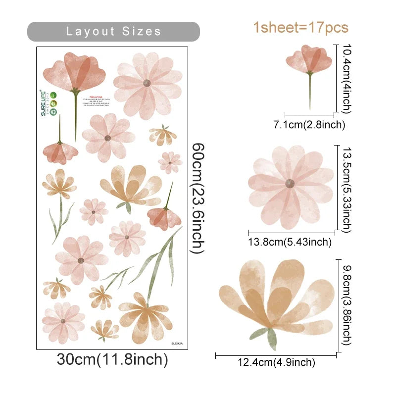 Boho Watercolor Flower Wall Stickers - Removable Peel & Stick Decals for Bedroom & Nursery
