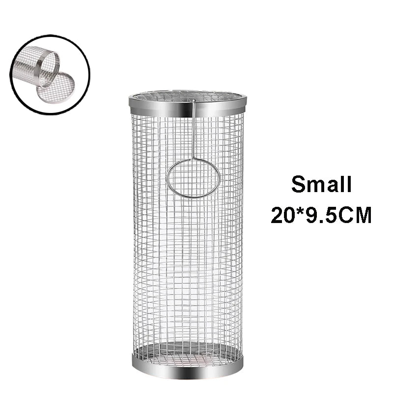 Stainless Steel Rolling BBQ Grill Basket for Vegetables, Shrimp & More