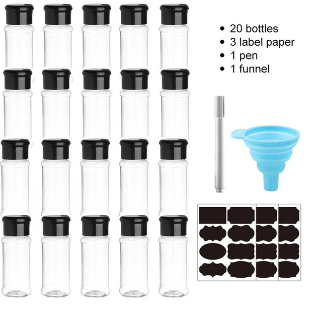 Clear Plastic Spice Jar Set with Rack — 5, 10, 15 & 20 Piece Seasoning Organizer for Kitchen & BBQ