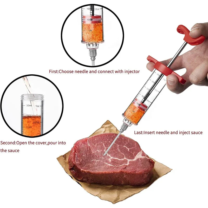 Meat Injector Syringe - BBQ Marinade Injector Kit with 3 Needles for Turkey & Grilling
