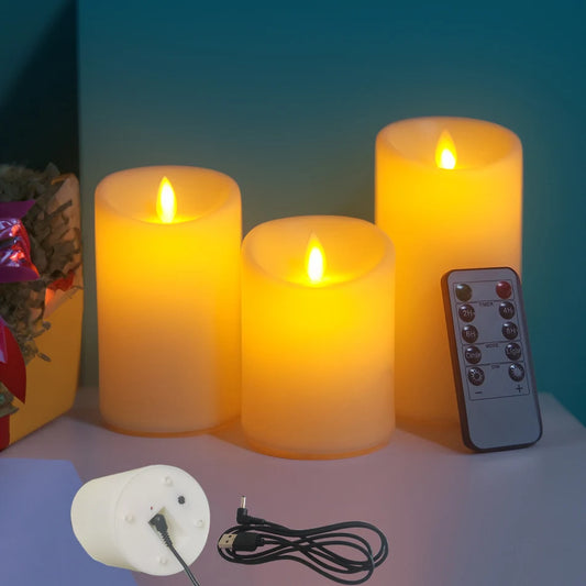 USB Rechargeable LED Candles 3-Piece Set - Flameless Pillar Candles with Remote
