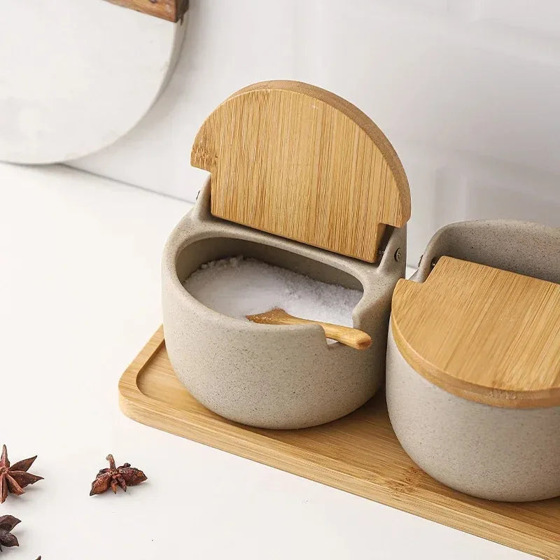 Japanese Ceramic Spice Jar with Bamboo Lid & Spoon — Kitchen Sugar, Salt & Seasoning Container