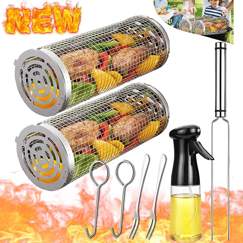 Stainless Steel Rolling BBQ Grill Basket for Vegetables, Shrimp & More