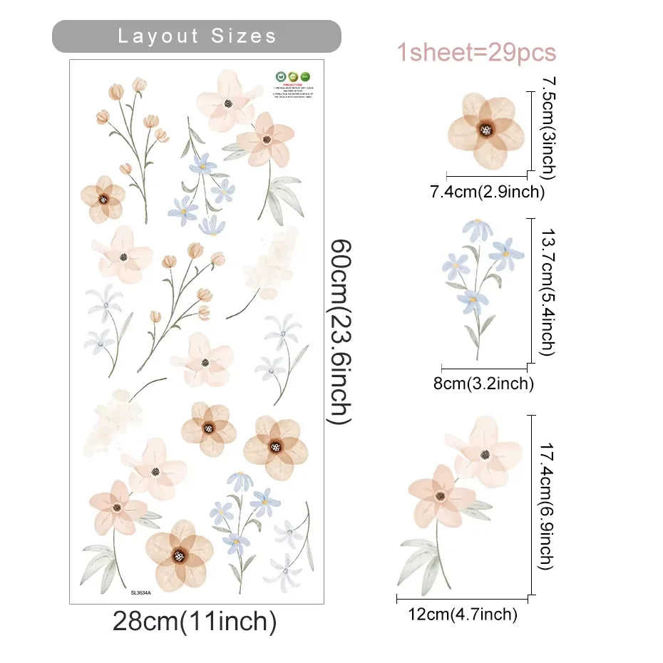 Boho Watercolor Flower Wall Stickers - Removable Peel & Stick Decals for Bedroom & Nursery