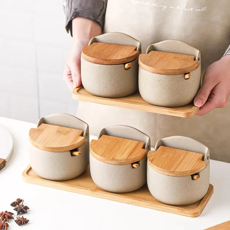 Japanese Ceramic Spice Jar with Bamboo Lid & Spoon — Kitchen Sugar, Salt & Seasoning Container