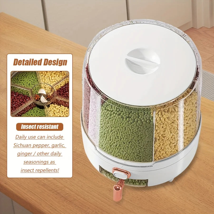 360° Rotating Grain Dispenser — 6-Compartment Airtight Food Storage Container for Rice, Beans & Pantry Staples