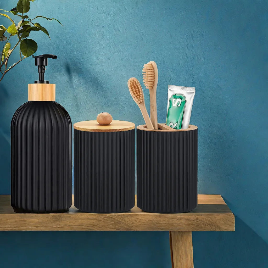 Bamboo Bathroom Organizer Set - Soap Dispenser, Storage & Toothbrush Holder
