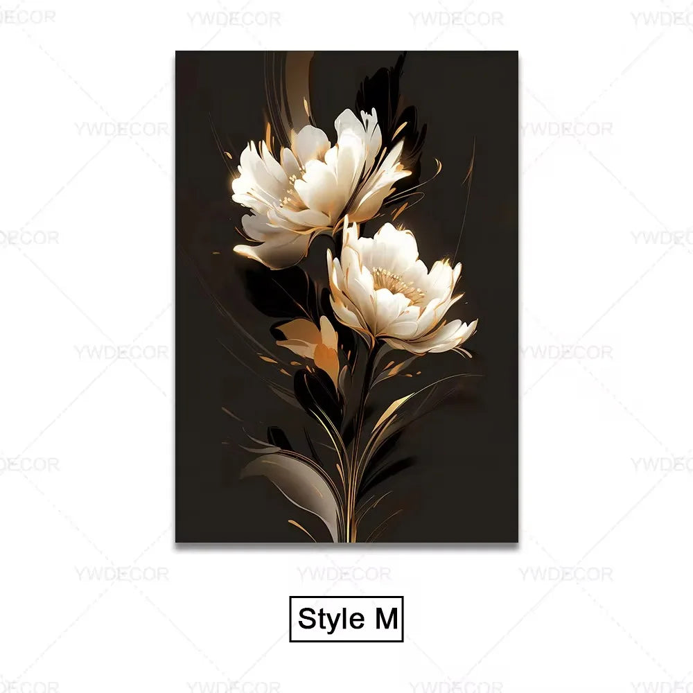 Black Gold Plant Leaves Canvas Wall Art - Modern Abstract Poster for Living Room Decor