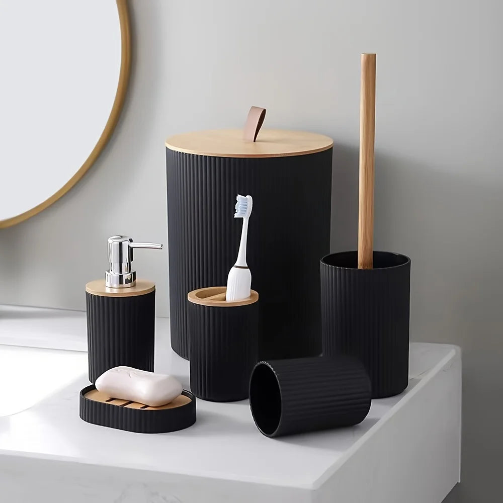 Modern Bathroom Essentials Set - 6-Piece Accessories Including Toothbrush Holder, Waste Bin & Soap Dispenser