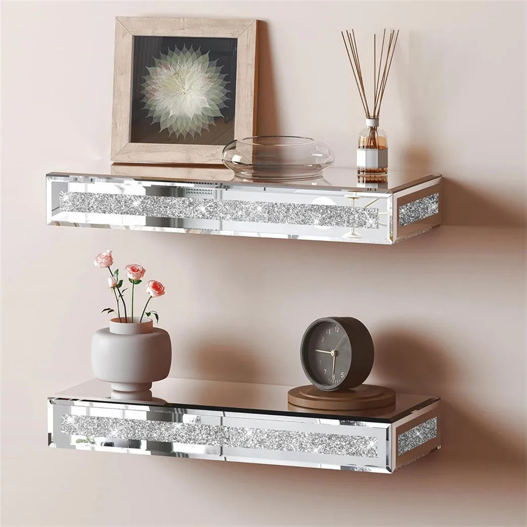 Luxury Mirrored Wall Shelf - Crushed Diamond Floating Display Rack (38x15cm)