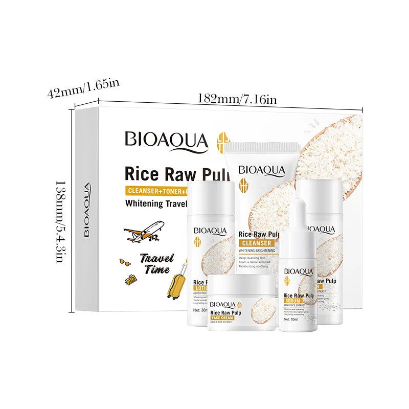 BIOAOUA Rice Brightening Skincare Set - Complete 5-Piece Routine (Cleanser, Toner, Essence, Lotion & Cream)