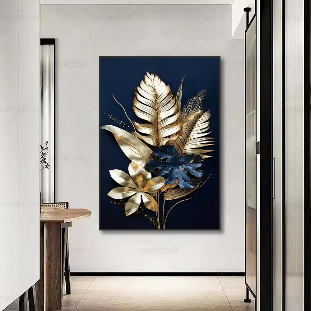 Black Gold Plant Leaves Canvas Wall Art - Modern Abstract Poster for Living Room Decor