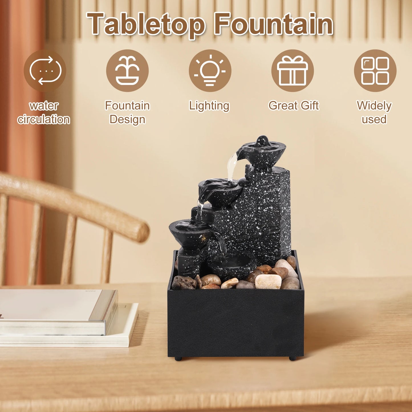 Tabletop Waterfall Fountain - Relaxation & Meditation Desktop Decor with LED Lights
