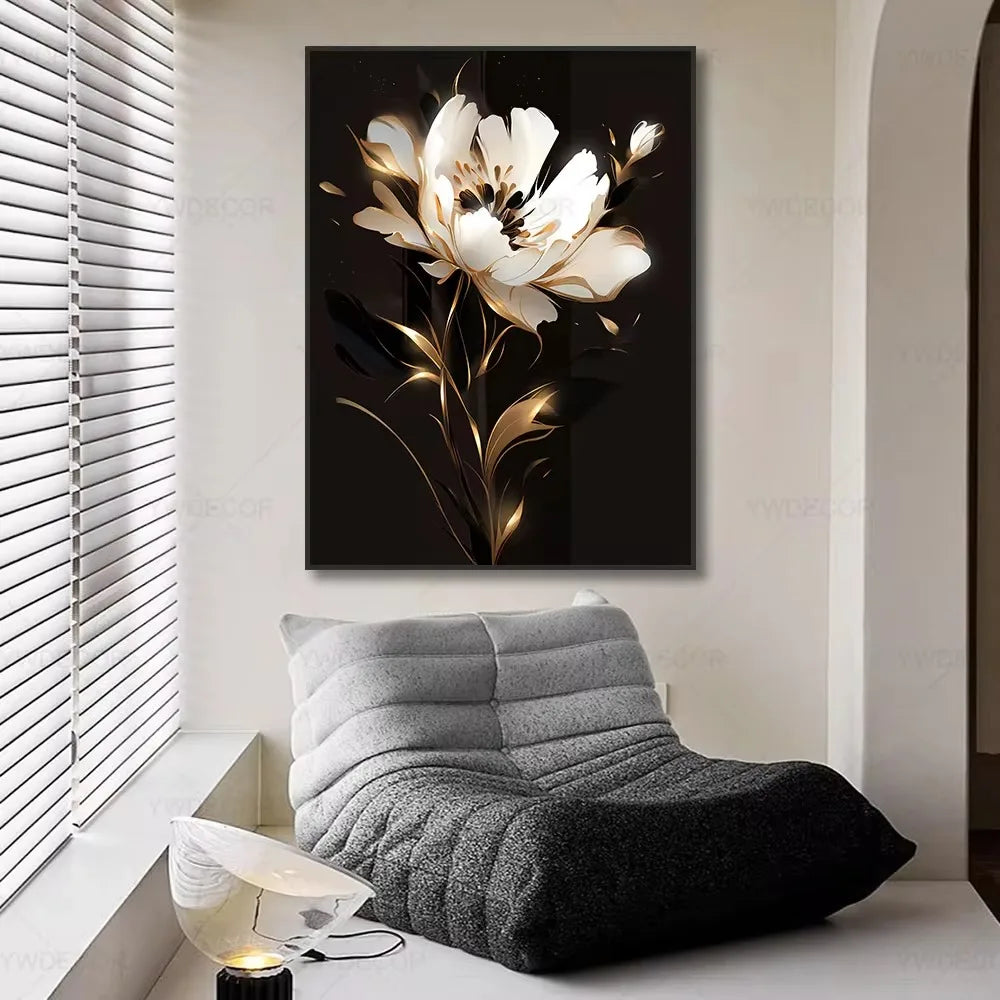 Black Gold Plant Leaves Canvas Wall Art - Modern Abstract Poster for Living Room Decor
