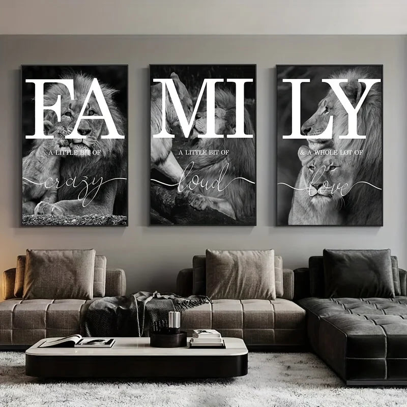 Lion Family Canvas Wall Art 3-Piece Set - Black & White Animal Prints for Living Room