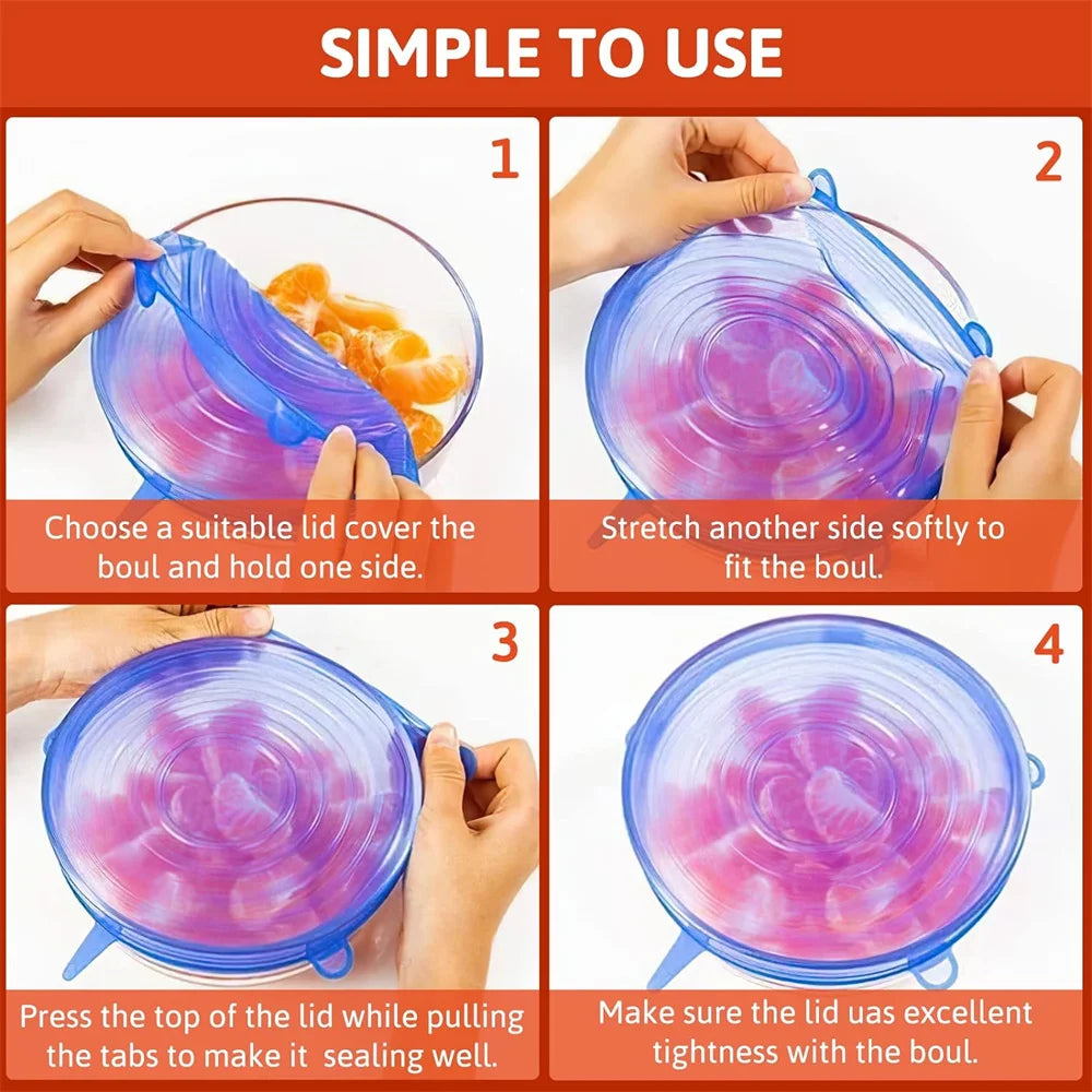 6-Piece Silicone Food Storage Lids - Reusable Airtight Stretch Covers for Kitchen