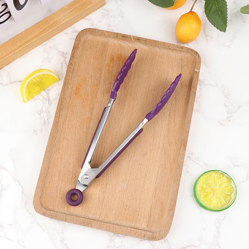 Silicone BBQ Grilling Tongs - Non-Stick Kitchen Tongs with Stainless Steel for Cooking & Serving