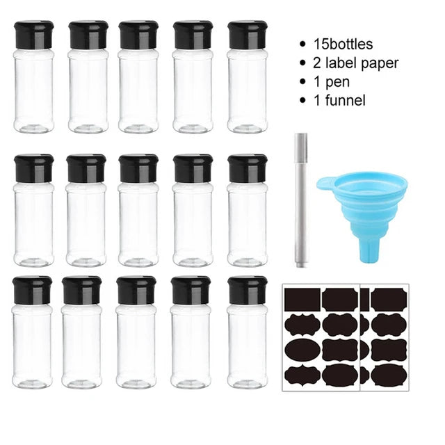 Clear Plastic Spice Jar Set with Rack — 5, 10, 15 & 20 Piece Seasoning Organizer for Kitchen & BBQ