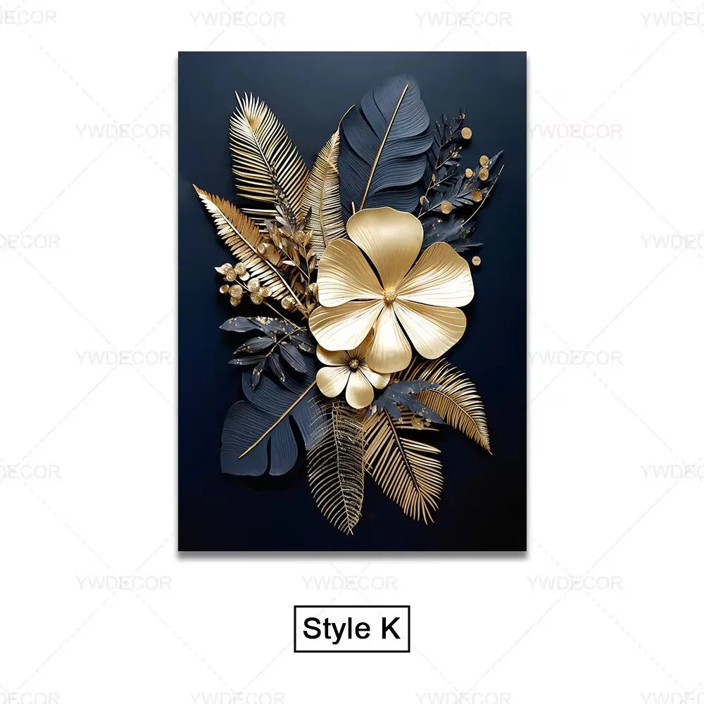 Black Gold Plant Leaves Canvas Wall Art - Modern Abstract Poster for Living Room Decor