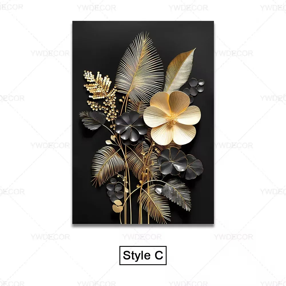 Black Gold Plant Leaves Canvas Wall Art - Modern Abstract Poster for Living Room Decor