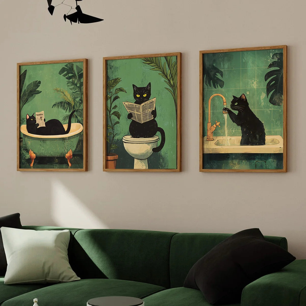 Funny Black Cat Bathroom Wall Art - Set of 3 Canvas Prints for Toilet Decor
