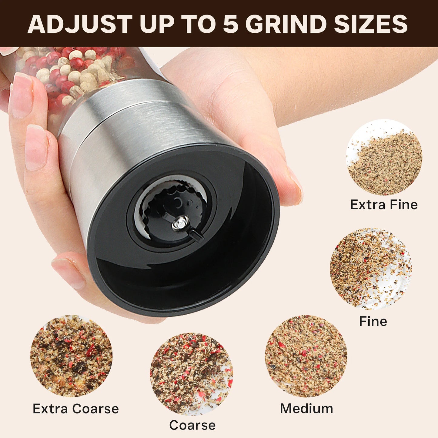 Stainless Steel Salt & Pepper Grinder Set - Glass Shaker Mills with Adjustable Coarseness