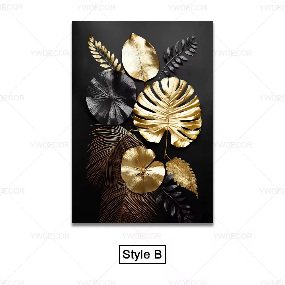 Black Gold Plant Leaves Canvas Wall Art - Modern Abstract Poster for Living Room Decor