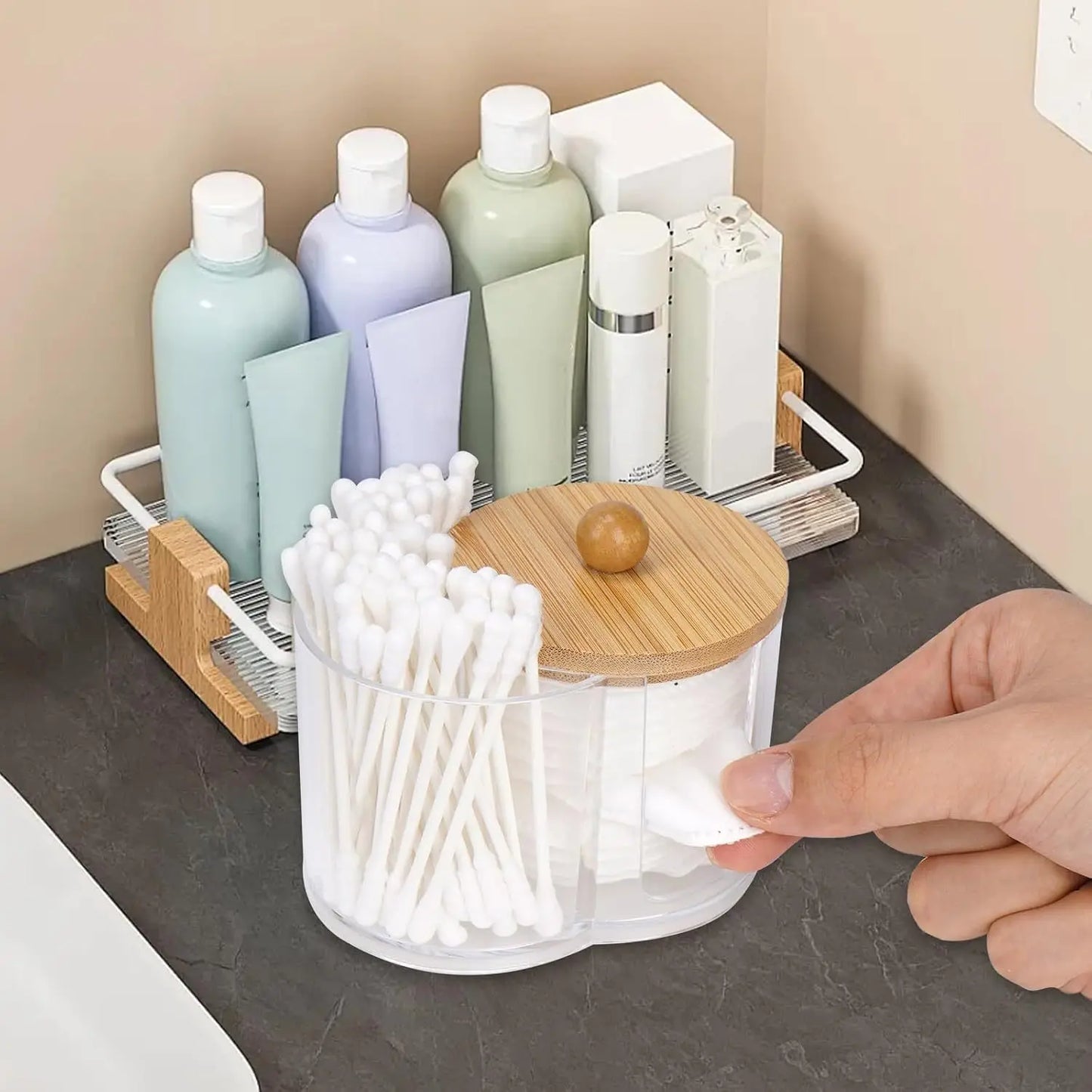 Clear Cotton Swab & Cotton Ball Organizer - Dual Compartment Bathroom Storage