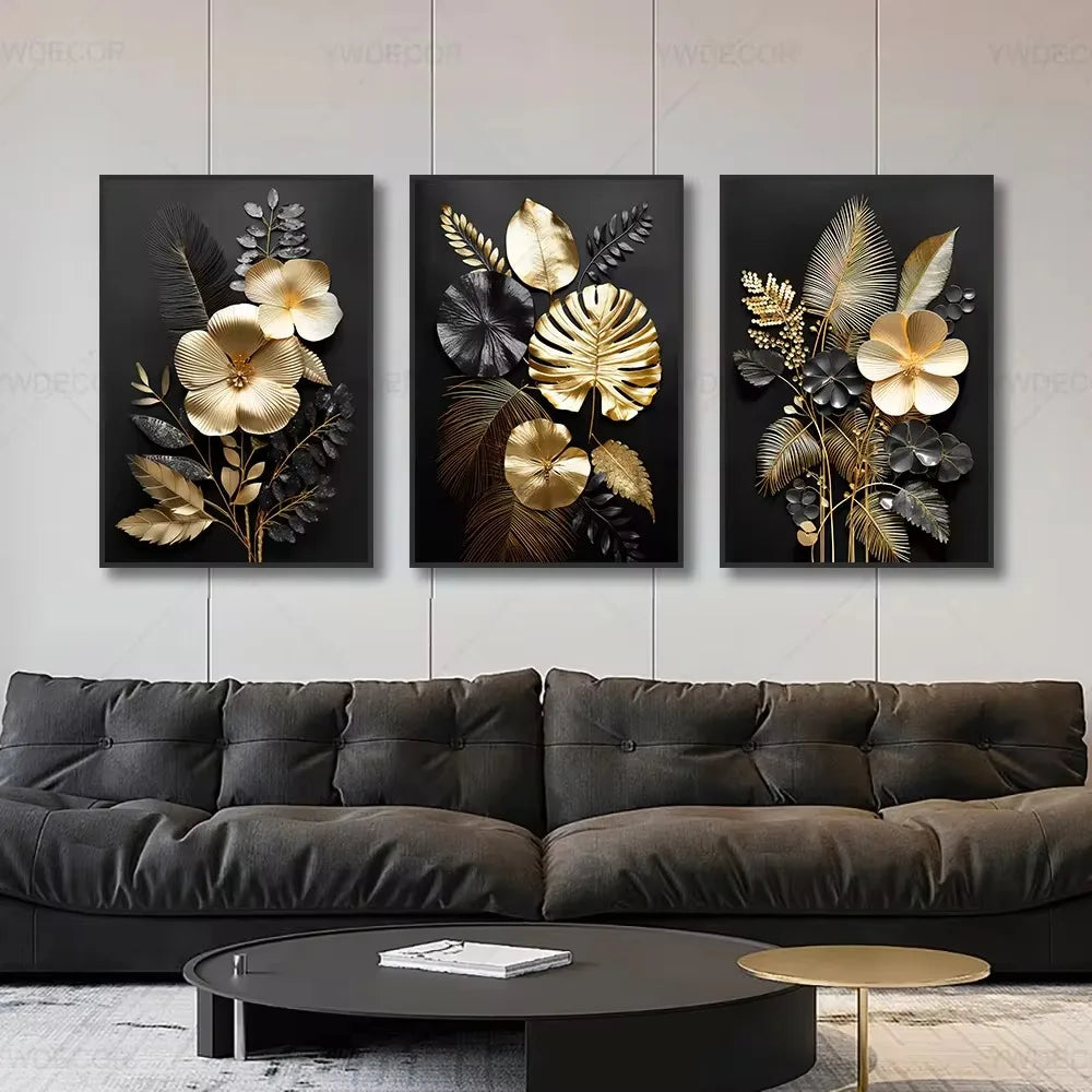 Black Gold Plant Leaves Canvas Wall Art - Modern Abstract Poster for Living Room Decor