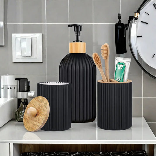 Bamboo Bathroom Organizer Set - Soap Dispenser, Storage & Toothbrush Holder