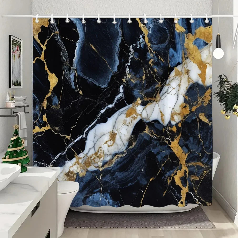 Luxury Blue Gold Marble Shower Curtain - Waterproof Polyester Bathroom Decor (Multiple Sizes)