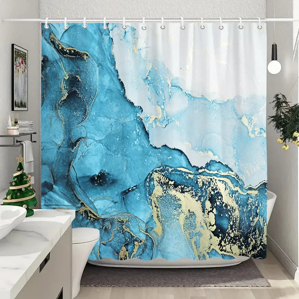 Luxury Blue Gold Marble Shower Curtain - Waterproof Polyester Bathroom Decor (Multiple Sizes)