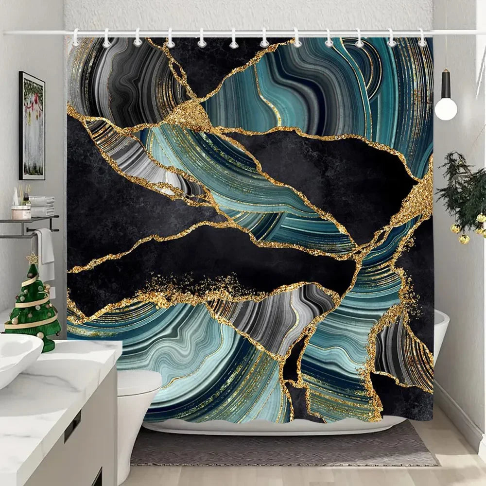 Luxury Blue Gold Marble Shower Curtain - Waterproof Polyester Bathroom Decor (Multiple Sizes)