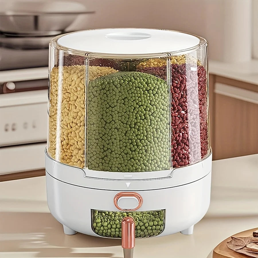 360° Rotating Grain Dispenser — 6-Compartment Airtight Food Storage Container for Rice, Beans & Pantry Staples