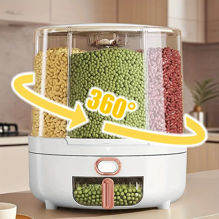 360° Rotating Grain Dispenser — 6-Compartment Airtight Food Storage Container for Rice, Beans & Pantry Staples