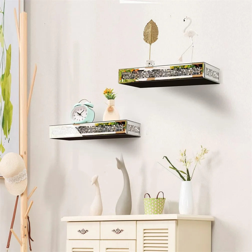 Luxury Mirrored Wall Shelf - Crushed Diamond Floating Display Rack (38x15cm)