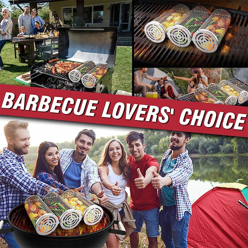 Stainless Steel Rolling BBQ Grill Basket for Vegetables, Shrimp & More
