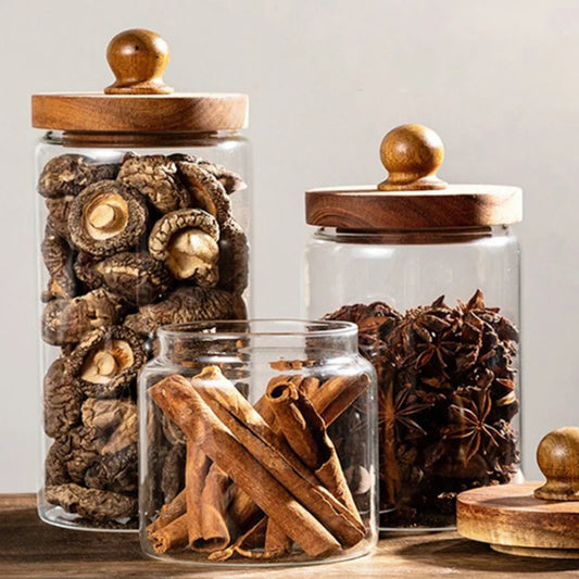 Airtight Glass Food Storage Jar with Acacia Wood Lid — S, M & L for Coffee, Spices, Nuts & More
