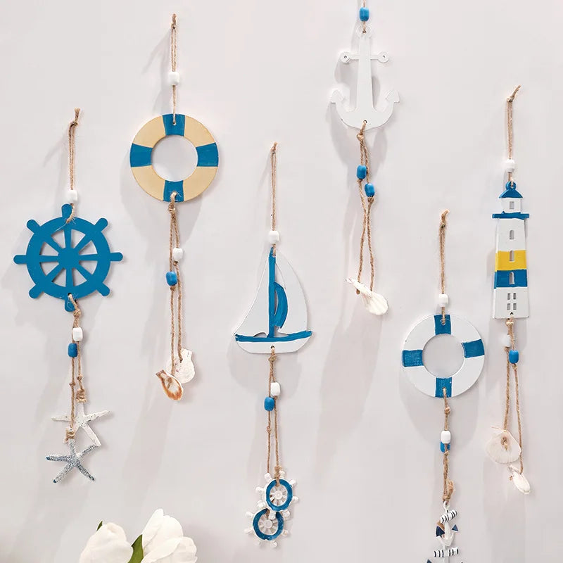 Mediterranean Coastal Wall Decor - Wooden Lighthouse & Sailboat Hanging Ornaments