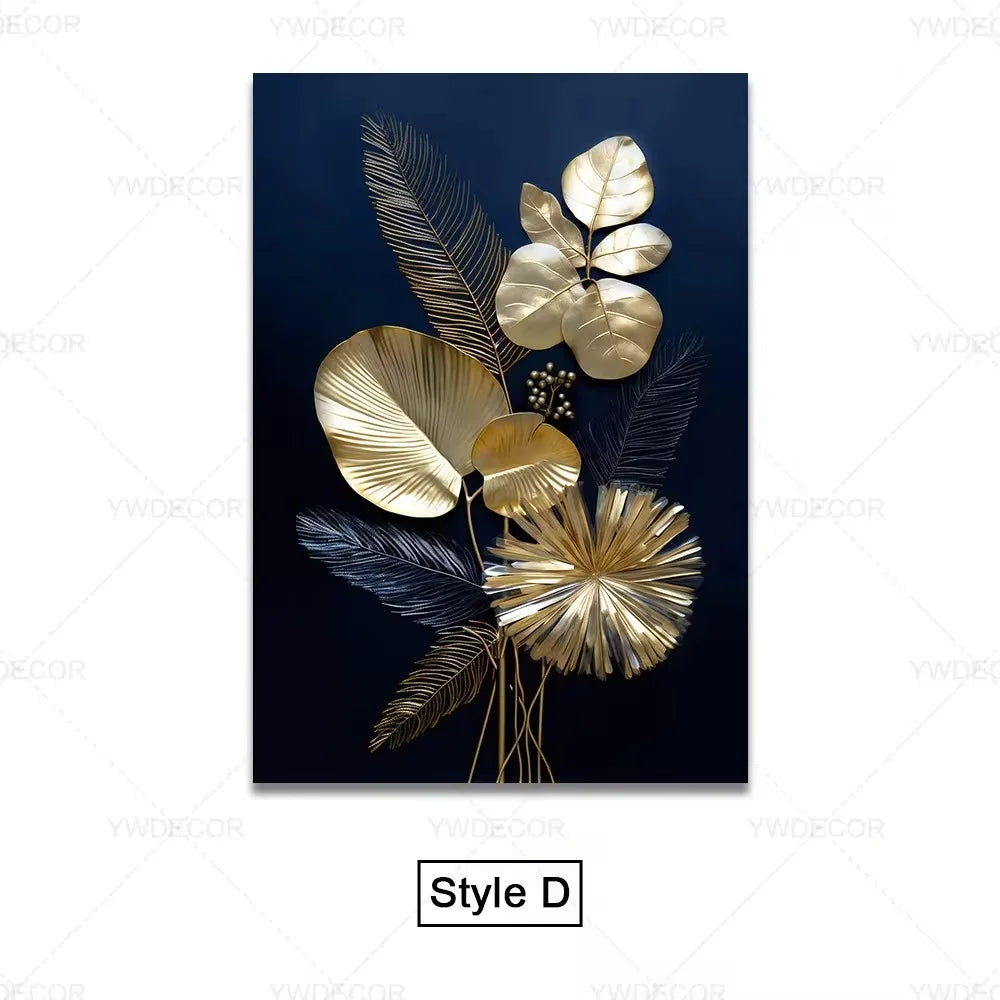 Black Gold Plant Leaves Canvas Wall Art - Modern Abstract Poster for Living Room Decor